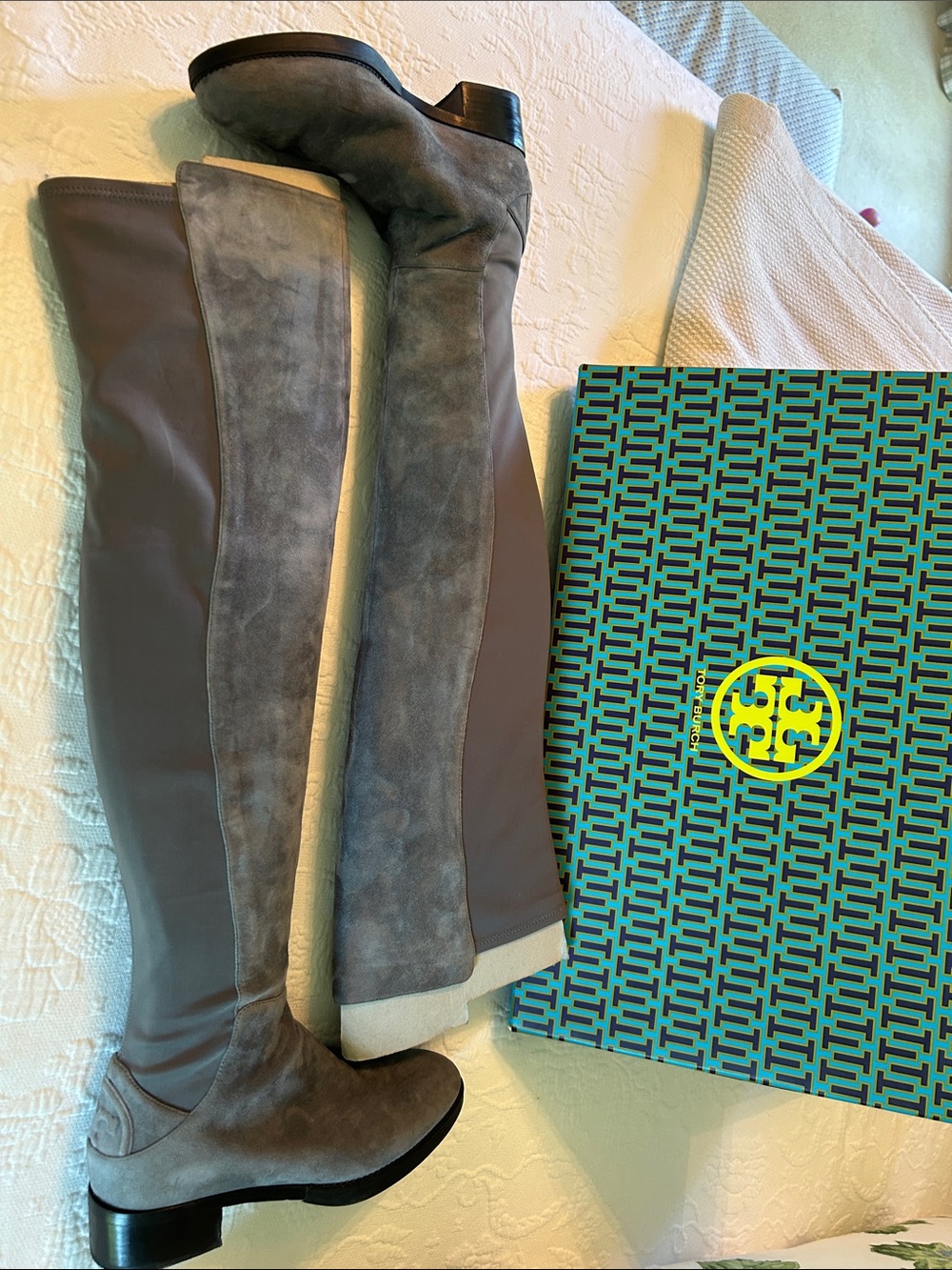 Tory Burch Over-the-Knee Suede Stretch Boots in Gray